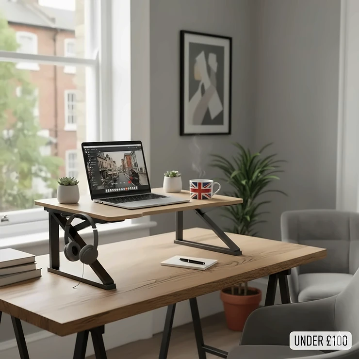 A height-adjustable portable desk riser on a wooden table in a bright UK home office, showing a laptop and a Union Jack coffee mug. portable desk riser uk under 100