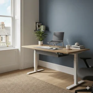A person working at a quiet electric standing desk in a bright, modern British home office with a minimalist setup.