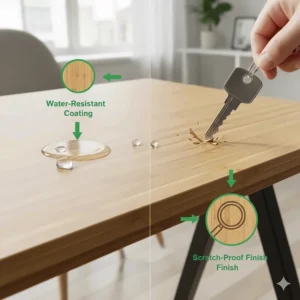 Illustration demonstrating the water-resistant and scratch-proof coating on a bamboo work surface.