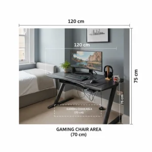 Technical illustration showing the width and depth dimensions of a compact gaming desk in centimetres.