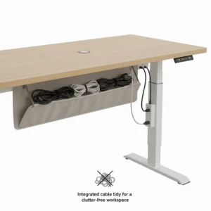 Close-up illustration of built-in cable management features to keep a small workspace clutter-free.