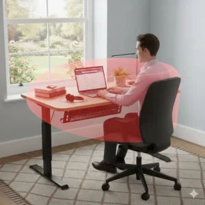 Illustration of the anti-collision sensor on an electric standing desk, showing the desk stopping automatically when it detects an office chair underneath.