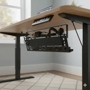 Under-desk view of an electric standing desk featuring a built-in cable management tray to keep UK power leads and plugs tidy.