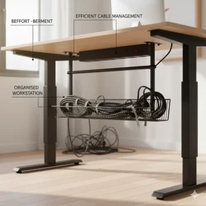 Under-desk cable management tray to ensure a trip-free and organised ergonomic workstation in a UK home office.