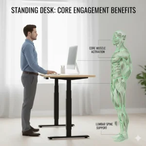 Diagram highlighting how standing desks encourage gentle core engagement to support the lumbar spine.