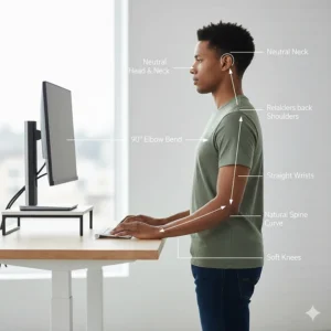 Diagram showing the correct ergonomic posture for standing at a desk to prevent back pain.