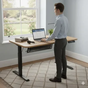 A user standing at an electric desk with memory presets, demonstrating correct posture with elbows at a 90-degree angle and the monitor at eye level.