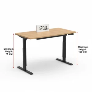 Technical illustration showing the minimum and maximum height range of an electric standing desk, with measurements provided in centimetres.