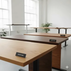 Selection of sustainable wood desktop finishes including English Oak and Walnut for electric desks.