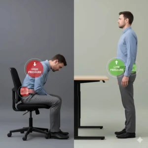 Illustration comparing spinal disc pressure between sitting in a poor chair and standing at an electric desk.