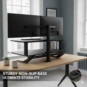 Alt text for image 8 Detailed view of the sturdy non-slip base on a standing desk converter, ensuring ultimate stability for two screens during adjustment.