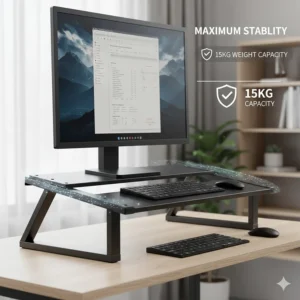 A high-stability black desk riser supporting a large monitor and keyboard, highlighting a 15kg weight capacity.