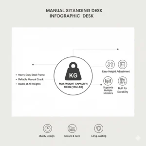 Diagram showing the robust weight capacity and stability of a sturdy manual standing desk priced under £200.