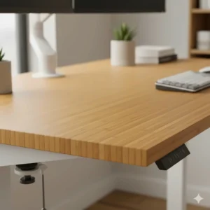 Close-up of the durable, eco-friendly bamboo wood grain on a height-adjustable desktop.