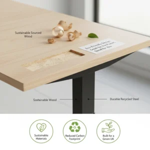 Illustration highlighting the eco-friendly and sustainable materials used in a budget-friendly manual standing desk.