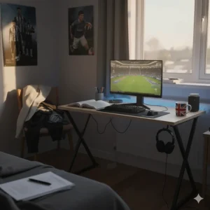 A budget gaming desk setup in a teenager's bedroom, showing a practical workspace for homework and gaming.