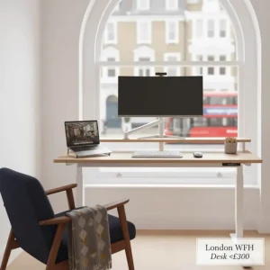 A stylish wooden-top electric standing desk under £300 in a London-inspired apartment setting.