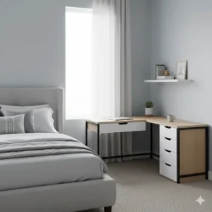 A space-saving corner desk for a small home office setup located in the corner of a contemporary master bedroom.