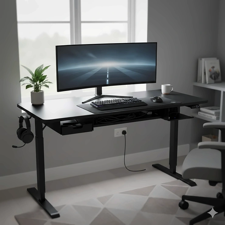Sleek black 120cm gaming desk with built-in cable management tray and tidy desktop setup in a modern UK home. gaming desk 120cm with cable management