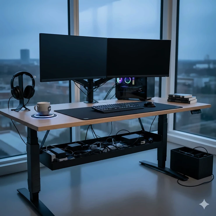 A clean gaming desk for dual monitor setup featuring professional cable management and RGB lighting in a UK home office. gaming desk for dual monitor setup