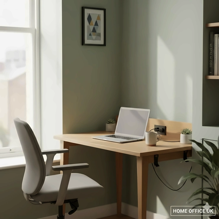 A stylish light oak computer desk under 80cm wide styled in a small London apartment alcove with a laptop and ergonomic chair. computer desk under 80cm wide