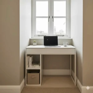 Compact white corner desk for a small home office tucked into a narrow alcove of a London flat.