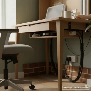 Close-up illustration of built-in cable tidies on a small desk with UK three-pin power sockets positioned nearby.