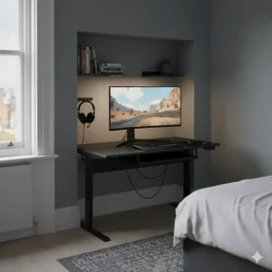 A 120cm gaming desk neatly tucked into a typical British bedroom alcove, showcasing a tidy, cable-free aesthetic.