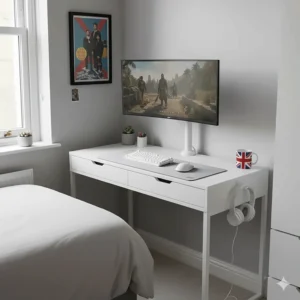A compact white finish gaming desk styled for a small London flat or bedroom gaming corner.