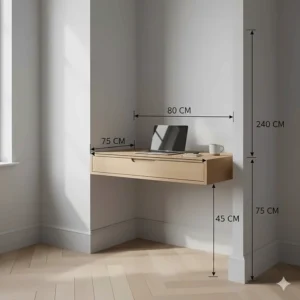 Close-up illustration showing dimensions of a compact writing desk fitted into a small bedroom alcove.