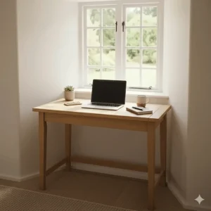 Small corner desk placed under a window in a cottage, maximising natural light for a comfortable UK home office.