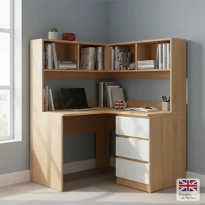 A multi-functional corner desk with integrated shelving for books and office supplies, ideal for UK students.