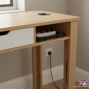 Close-up illustration of built-in cable management features on an affordable corner computer desk.