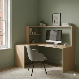 Compact L-shaped corner computer desk designed to fit into a small bedroom nook.