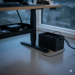 A black cable tidy box on the floor hiding a multi-plug extension lead and tangled wires.