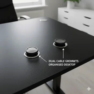 Top-down view of dual cable grommet ports on a 120cm carbon fibre effect gaming surface for an organised desktop.
