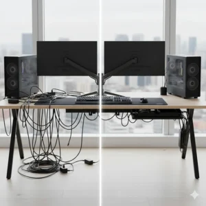 Comparison of a messy dual monitor desk versus a setup with organised cable management.