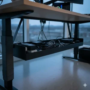 Under-desk cable management tray holding power leads and adapters for a tidy gaming setup.