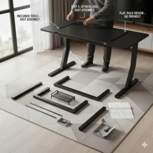 Illustration of the quick assembly process for a flat-pack 120cm gaming desk with included tools and UK-friendly design.