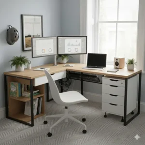 L-shaped corner desk for a small home office with a dual monitor setup and cable management for a tidy workspace.