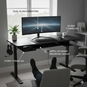Front view of a 120cm gaming desk showing ample legroom and an ergonomic T-frame leg design for comfort.