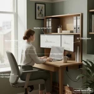 Illustration of a person sitting at a 75cm wide desk showing correct monitor height and ergonomic posture for a small workspace.