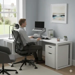 Ergonomic white corner computer desk with a professional man using a laptop stand and comfortable office chair.