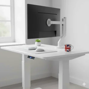 Close-up of an ergonomic height-adjustable gaming desk in white finish, ideal for long sessions.