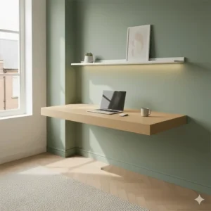 A wall-mounted floating computer desk without legs to create an airy feel in a small room.