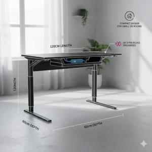 Technical drawing showing 120cm width and 60cm depth of a compact gaming desk suitable for small UK rooms.