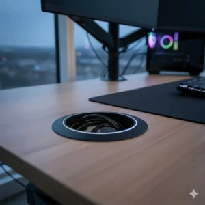 Cables passing through a built-in desk grommet for a seamless dual monitor configuration.