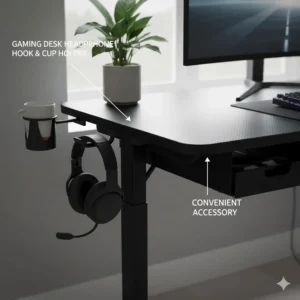 Side view of a 120cm gaming desk featuring a sturdy metal headphone hook and convenient cup holder accessory.
