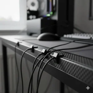 Adhesive cable clips securing peripheral wires to the edge of a carbon fibre gaming desk.