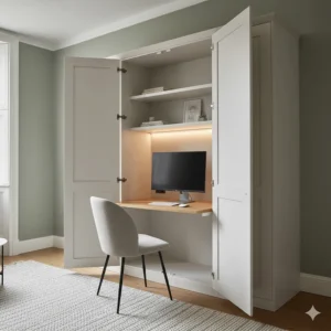 A clever cloffice setup featuring a computer desk hidden inside a sleek wardrobe or cupboard.
